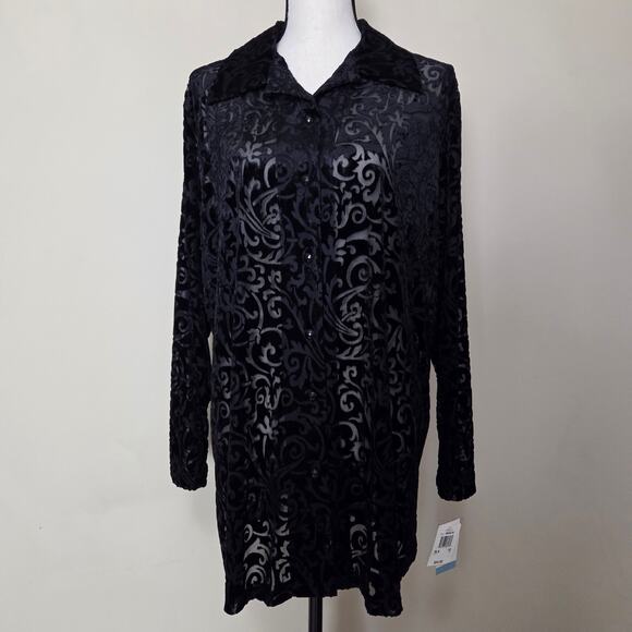 NWT Notations 1X Whimsygoth Witchy Velvet Burnout Tunic Long Sleeve Button Black - Picture 1 of 16